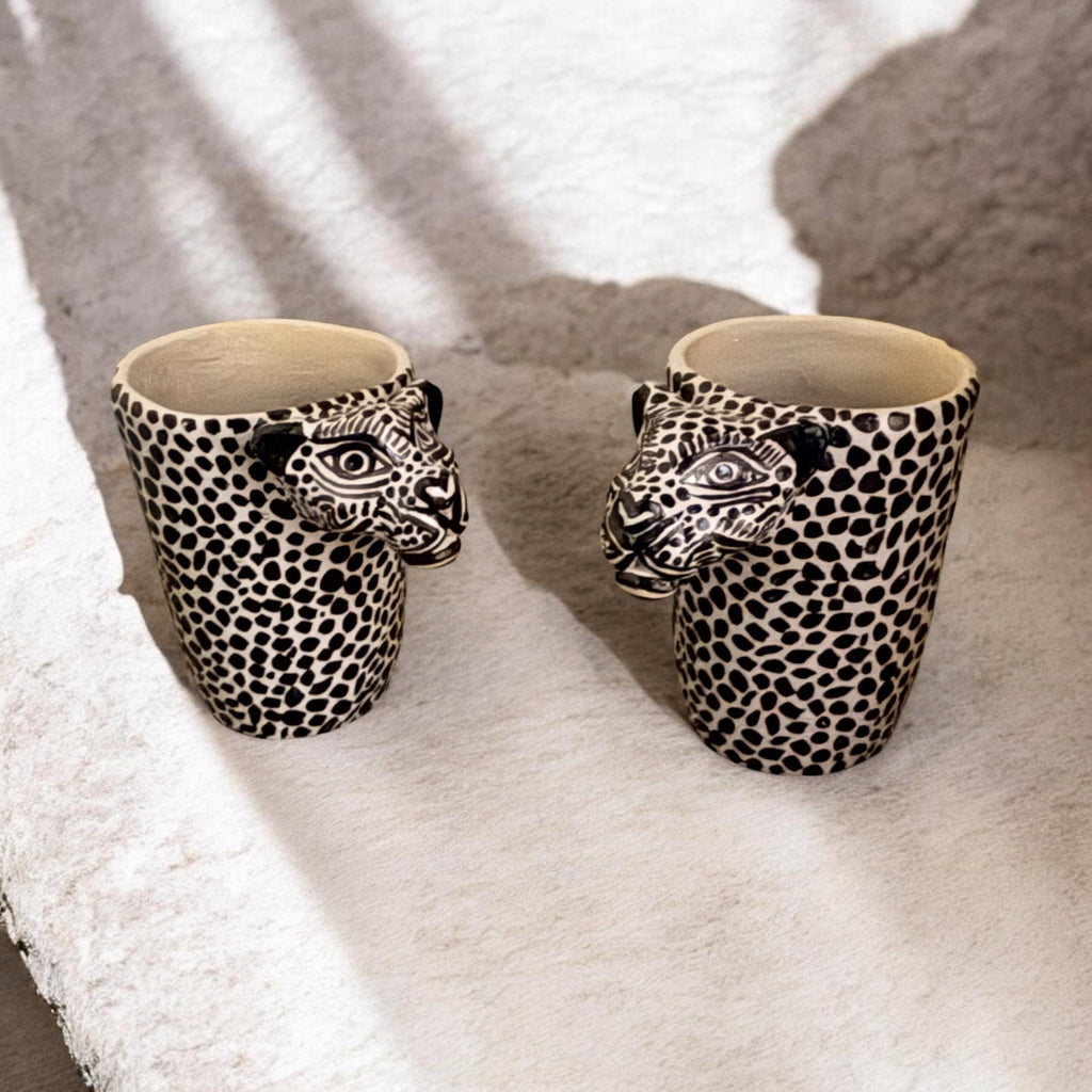 Set de tequileros jaguar en barro | Pintado a mano (2 piezas)